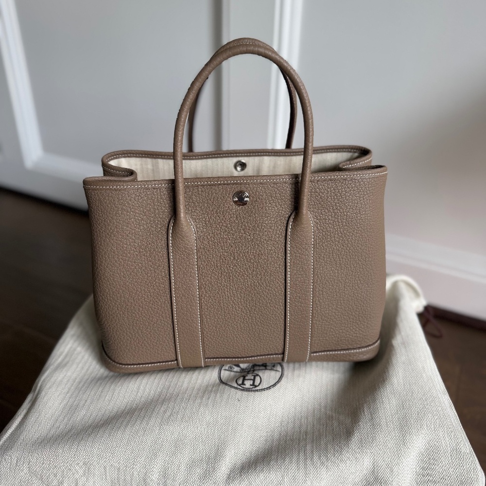 Hermes Etoupe Negonda Leather Garden Party 30 Palladium Hardware, 2023